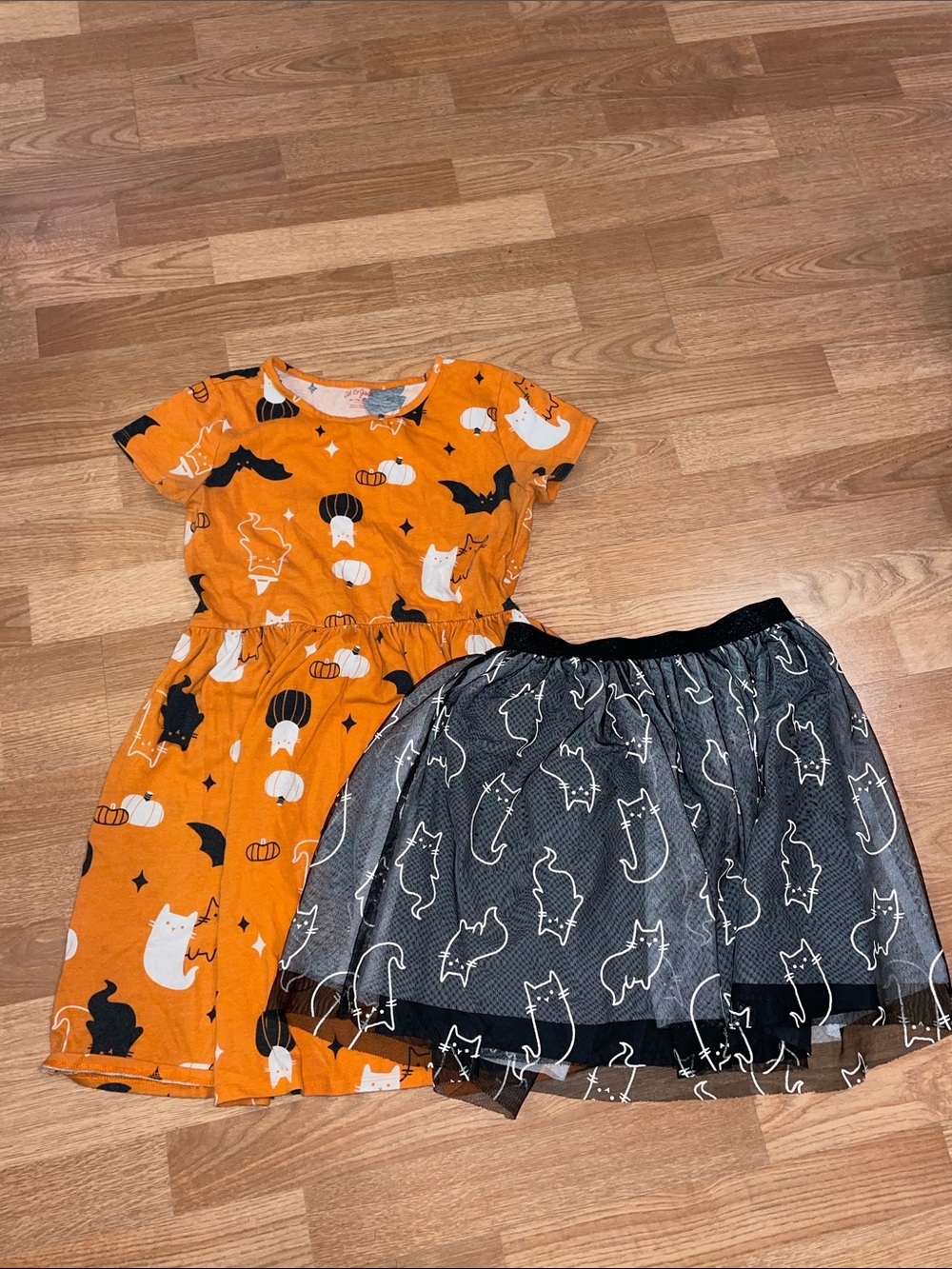 Cat & Jack Halloween Skater Dress and Black Tulle Cat Tutu Skirt Bundle XL